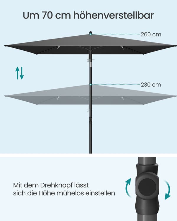232 x 149 cm rektangulær parasol med høj UV-beskyttelse til altanen, grå