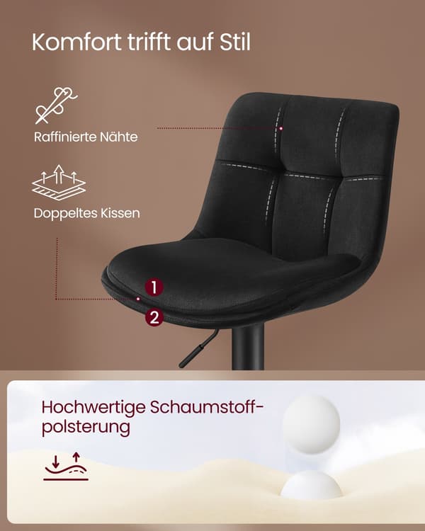 Barstolar, 2-pack, i sammet, höjdjusterbara, vridbara, bläcksvarta