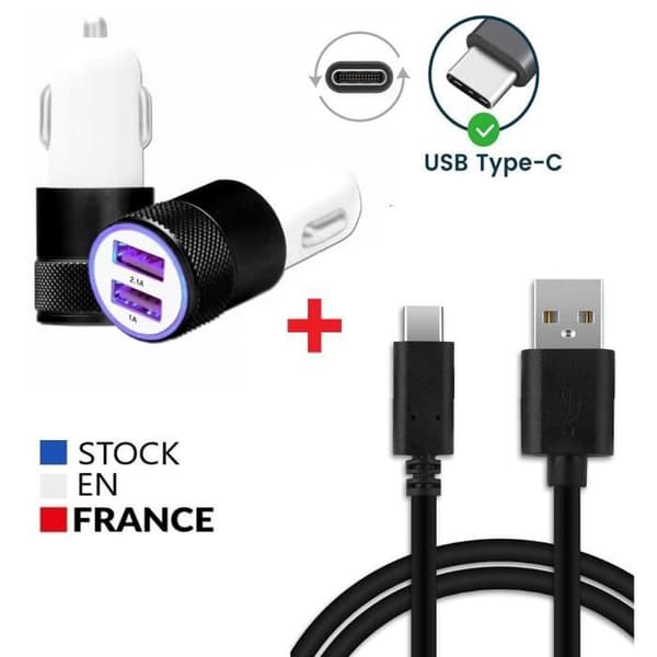 Pack Laddare Bil - PH26 - HTC Wildfire E3 Lite - USB Typ C-kabel - 2 USB-portar - 3.1A