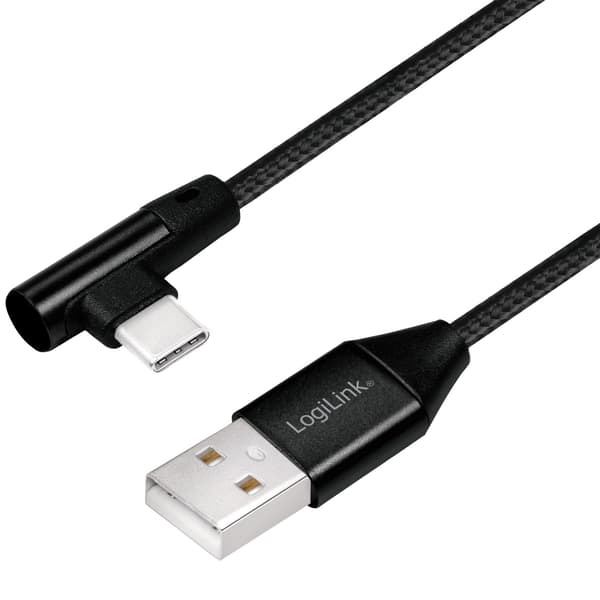 USB-A - USB-C -kaapeli, kulmapunottu, 15 W, 0,3 m, musta