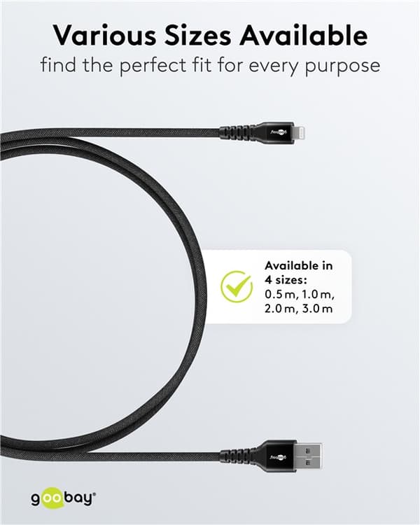 Lightning USB-A superblødt tekstilkabel med metalstik, 0,5 m, sort