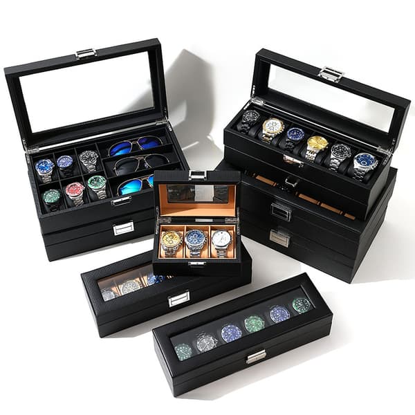 Klockbox i kolfiber - Elegant displayfodral med 3 fack
