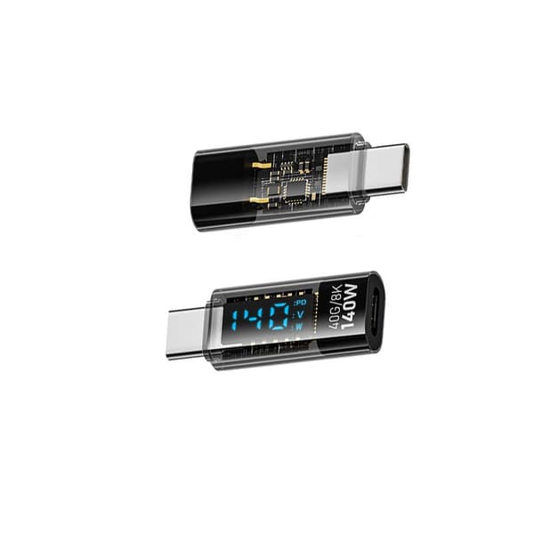140W USB-C Hun til USB-C Han Adapter med Digital Display - Transparent Sort, 2-pak