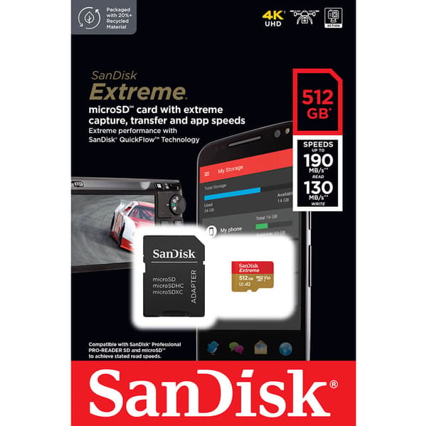 MicroSDXC Extreme 512GB Adapter 190MB/s A2 C10 V30