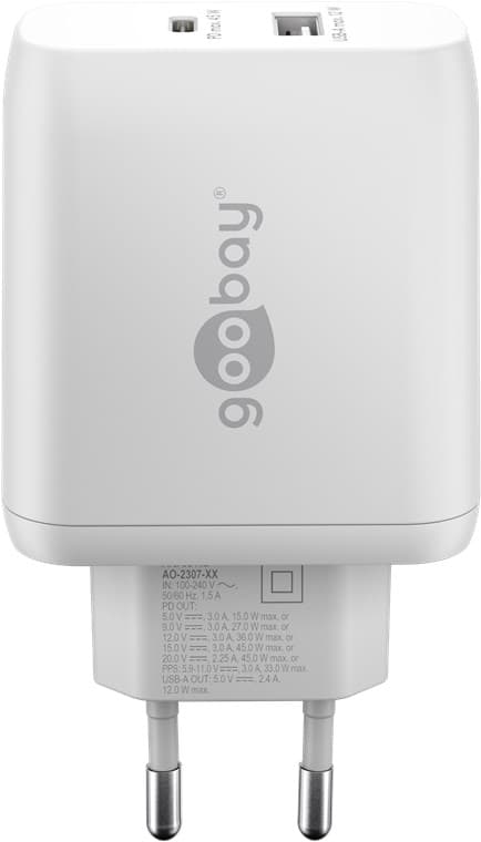USB-C™ PD GaN dobbelt hurtigoplader (45 W) hvid
