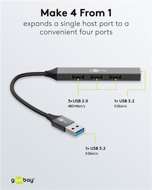 Slim 4-ports USB-hub, USB-A til USB-A, 5 Gbit/s