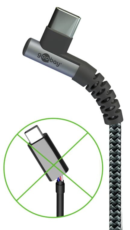 USB-C™ til USB-C™ tekstilkabel med metallkontakter (mellomgrå/sølv), 90°, m