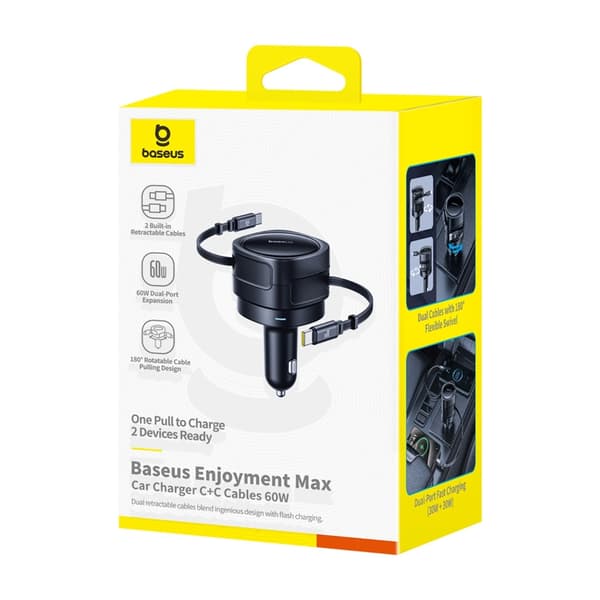 Baseus Enjoyment Max biloplader med USB-C+USB-C kabler 60W Sort