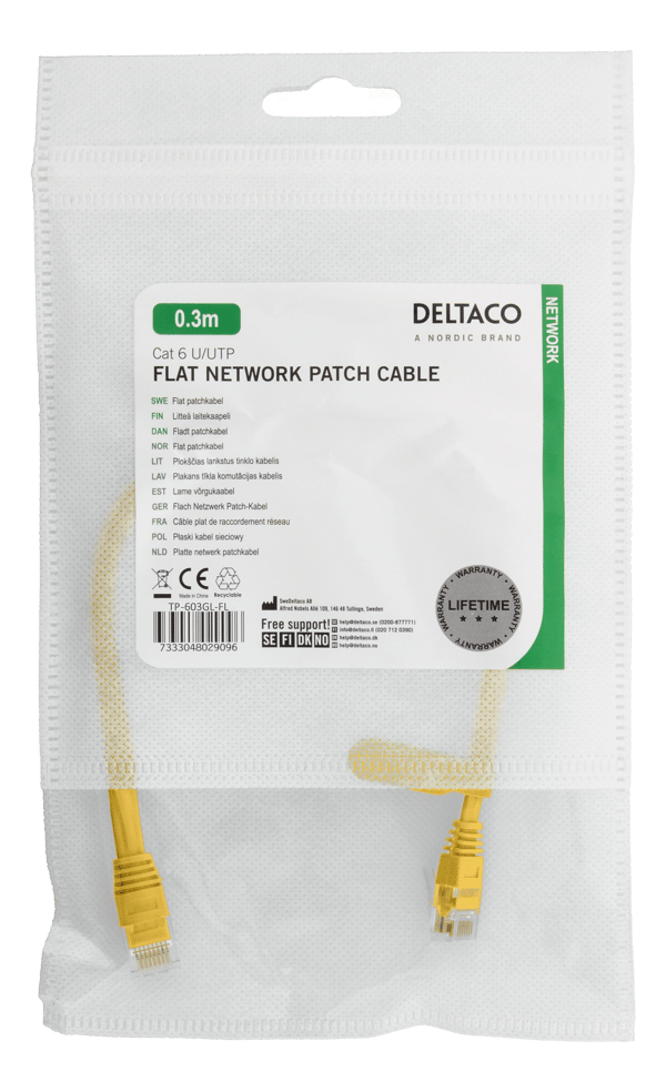 U/UTP Cat6 patch cable, flat, 0.3m, 250MHz, yellow