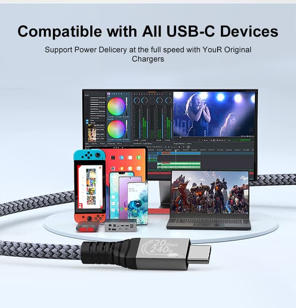 USB C -kaapeli 240 W, USB 3.2 -kaapeli (20 Gbps) MultiColor 1 m
