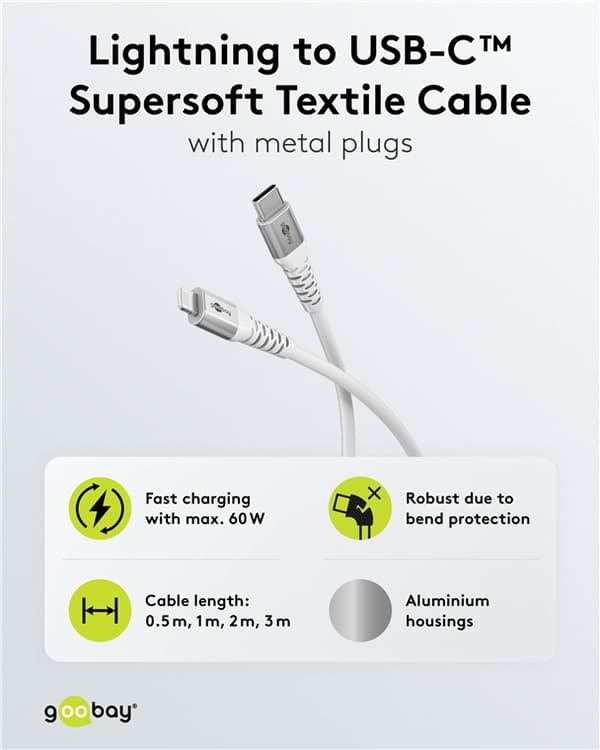 Lightning-USB-C™ supersoft tekstilkabel med metallkontakter, 0,5 m, hvit