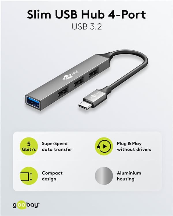Slank USB-hub med 4 porter, USB-C™ til USB-A, 5 Gbit/s