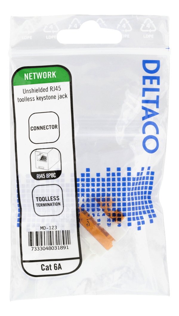 Cat6A Keystone jack, toolless, plastic, white/orange