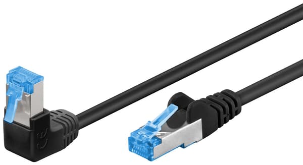 CAT 6A patchkabel 1x 90° vinklet, S/FTP (PiMF), svart