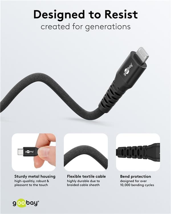 Lightning USB-C™ superblødt tekstilkabel med metalstik, 2 m, sort