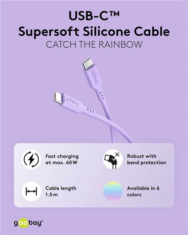 USB-C™ silikonkabel, 1,5 m, lilla