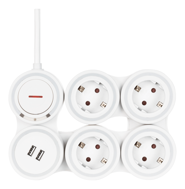 Flexible 4-Socket Power strip, 1.4m, 16A 3500W, 2x USB-A, wh