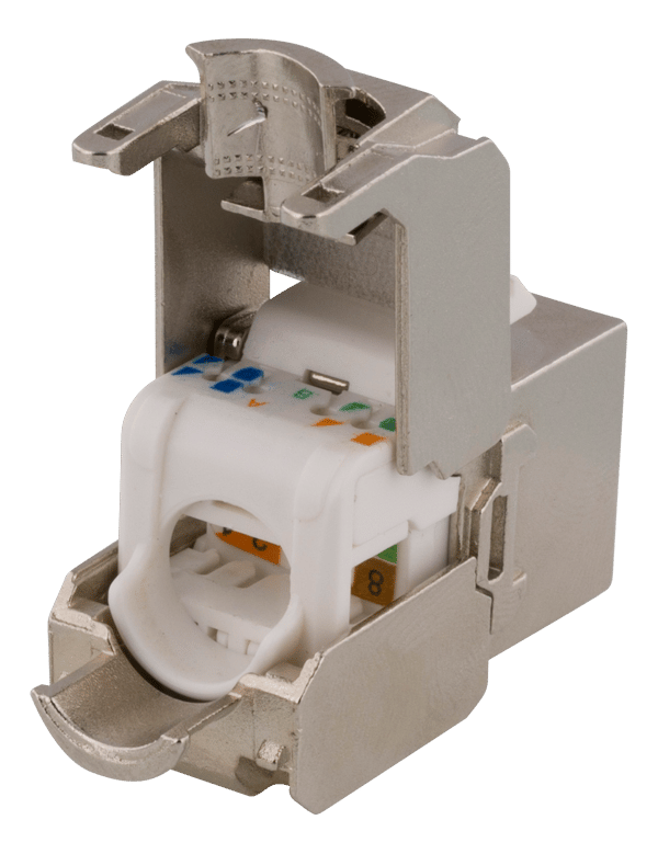 Cat6A shielded Keystone jack, toolless clamp termination