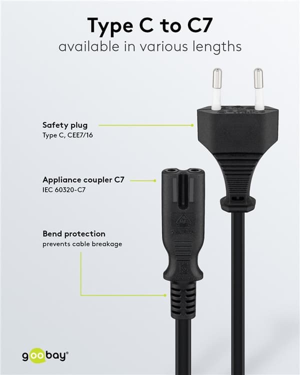 Tilkoblingskabel med Europlugg, 1,3 m, sort