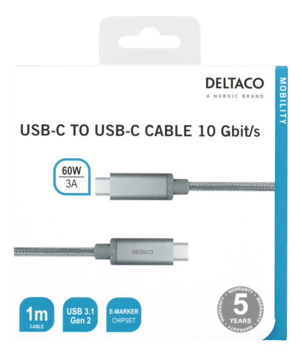 USB-C to USB-C cable, 1m, 60W USB PD, 10 Gbps, silver