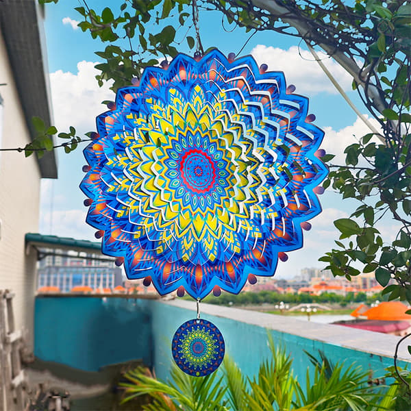 3D Roterende Mandala Vindspil - Gul & Blå