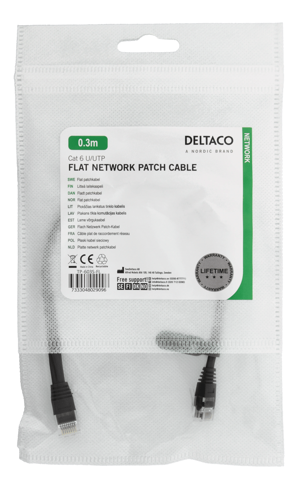 U/UTP Cat6 patch cable, flat, 0.3m, 250MHz, black