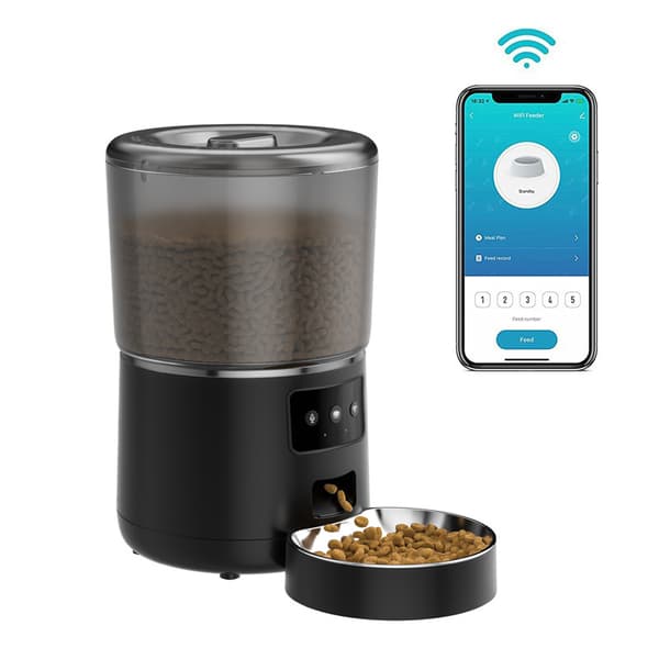 Wi-Fi-aktiveret smart foderautomat til kæledyr, 4L hundefoderautomater med skål i rustfrit stål Black