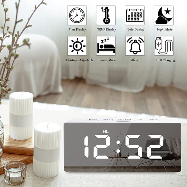 Digital LED väckarklocka med spegelyta Vit