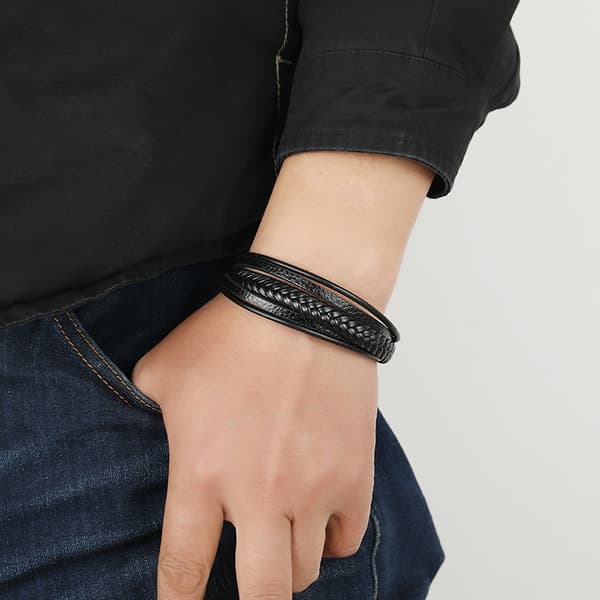 Flettet læderarmbånd til mænd Black
