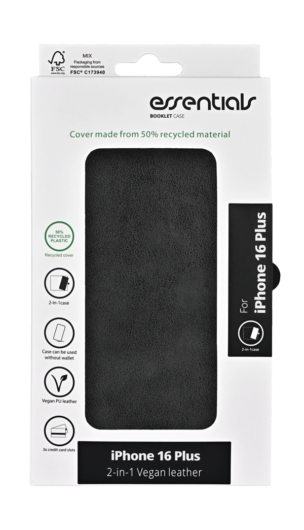 iPhone 16 Plus PU wallet, detach, recycled, 3 cards, black