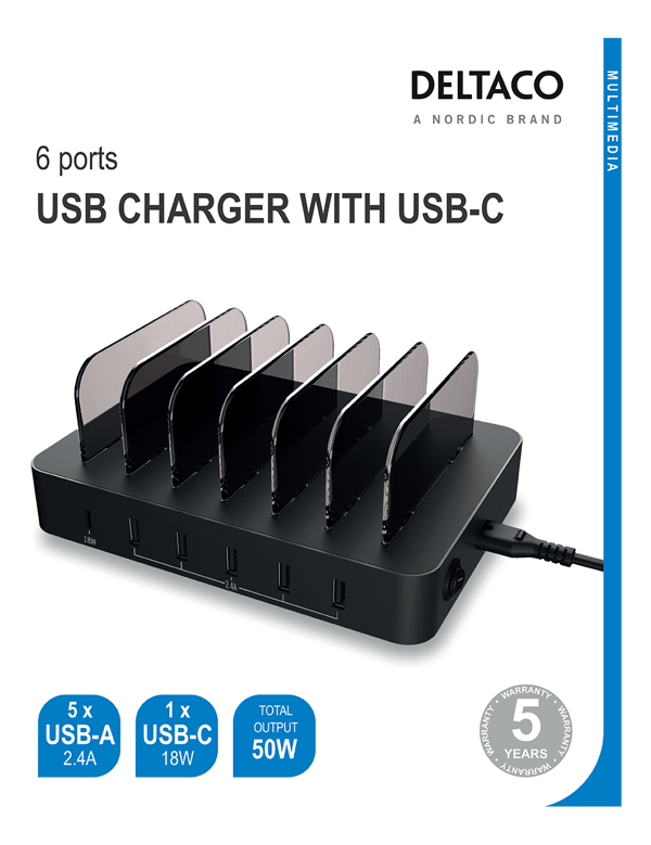 USB charging station 5x USB-A, 1x USB-C fast charge, black