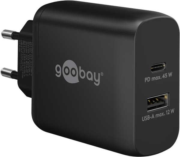 USB-C™ PD GaN dobbelt hurtigoplader (45 W) sort