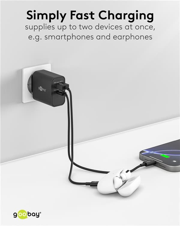 USB-C™ PD GaN dobbelt hurtigoplader (30 W) sort