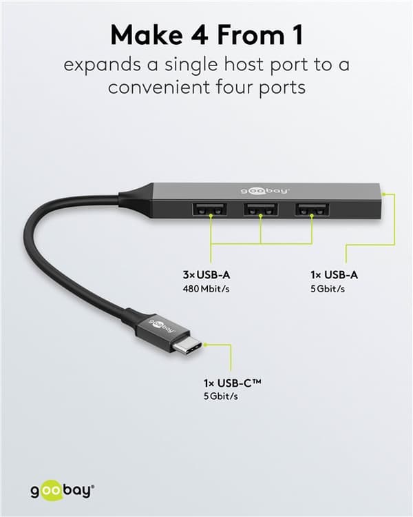 Slank USB-hub med 4 porter, USB-C™ til USB-A, 5 Gbit/s