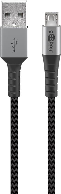 Mikro USB til USB-A tekstilkabel med metalstik 2 m