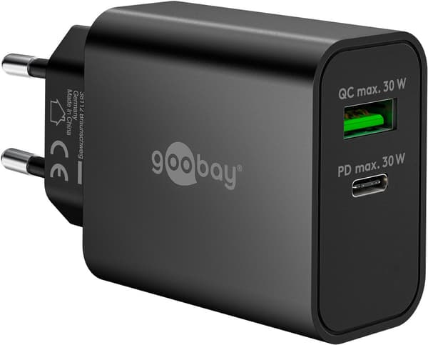 USB-C™ PD GaN dobbelt hurtigoplader (30 W) sort