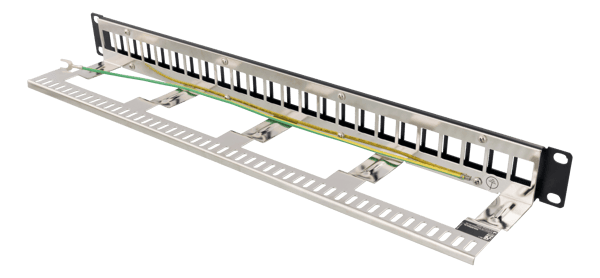 19" Keystone patch panel, 24 ports, 1U, ground cable, metal