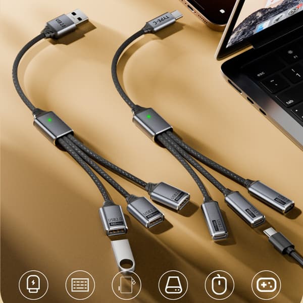 USB 3-i-1 splitkabel - aluminiumlegering flettet USB OTG-adapter til telefon, tablet, computer til opladning og dataoverførsel, grå
