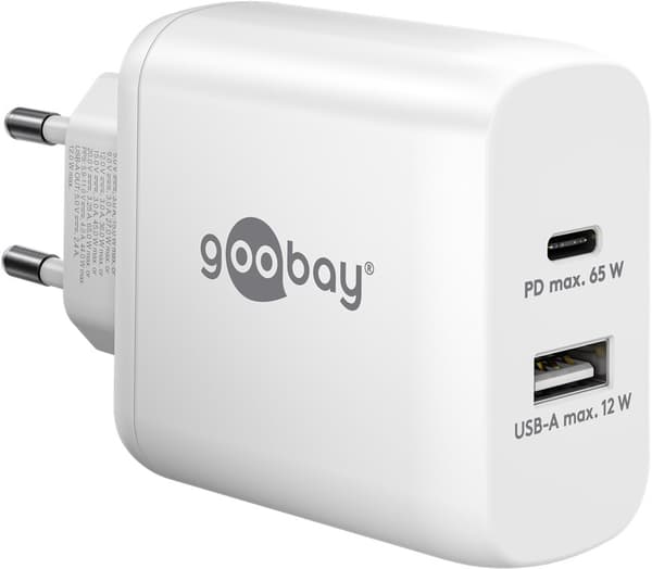 USB-C™ PD GaN dubbel snabbladdare (65 W) vit