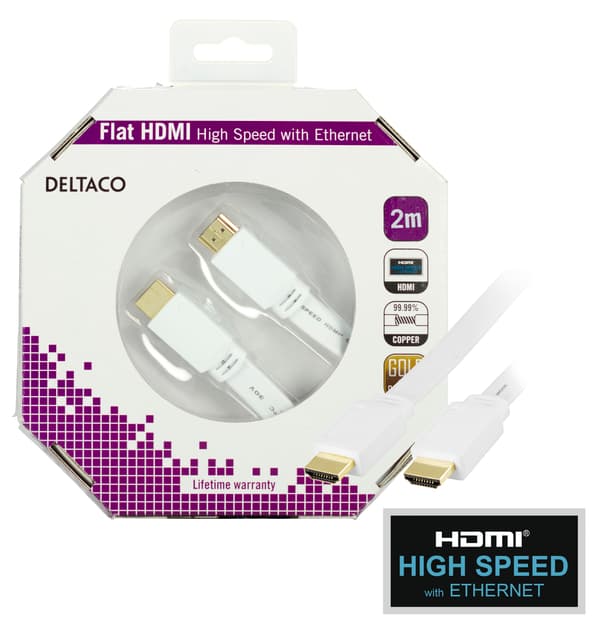 Flat HDMI cable, HDMI High Speed w/ Ethernet, 4K, 2m, white