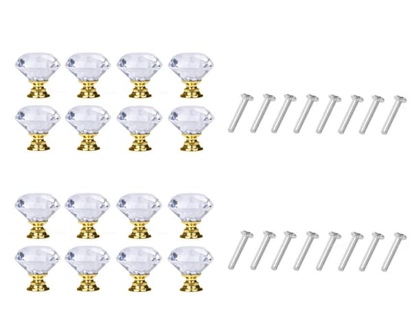 Diamantformade Knoppar i Glas Transparent/Guld 8 st 16 Pack