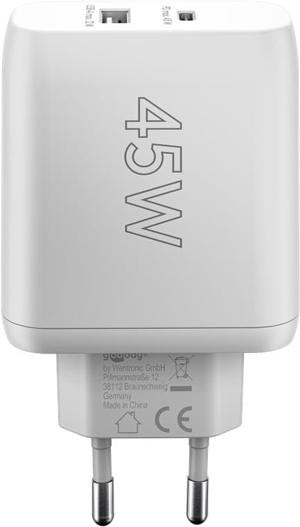 USB-C™ PD GaN dobbel hurtiglader (45W) hvit