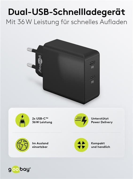 USB-C™ PD dobbelt hurtigoplader (36 W) sort