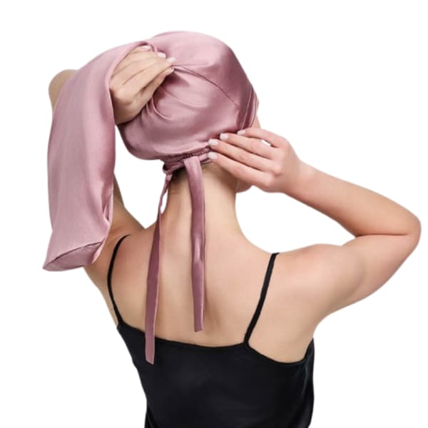 Justerbar lang silke sovehætte Pink
