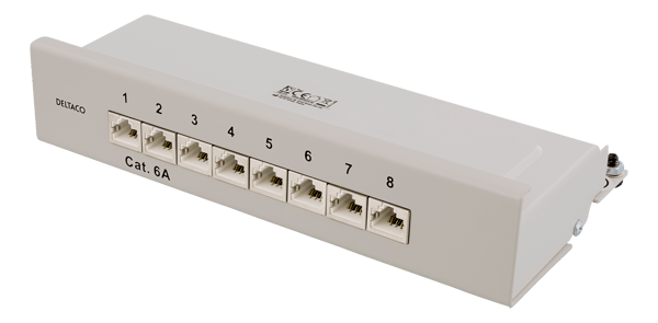 Patch Panel, 8xRJ45, Cat6a, wall-mountable, metal, grey