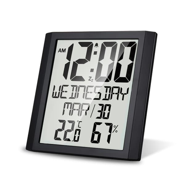 Stor digital väggklocka med datum och temperatur