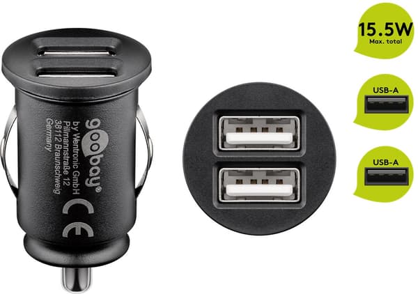 Dobbelt USB-biloplader (15,5 W)