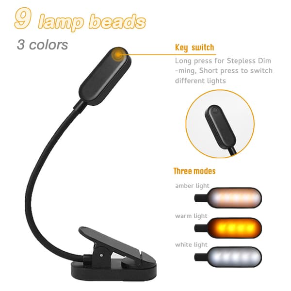Sort boglampe - LED Clip-on læselampe til studerende Black