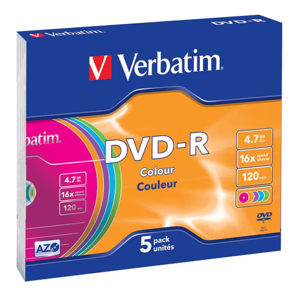 DVD-R, 16x, 4.7 GB/120 min, 5-pack slim case, AZO, colored