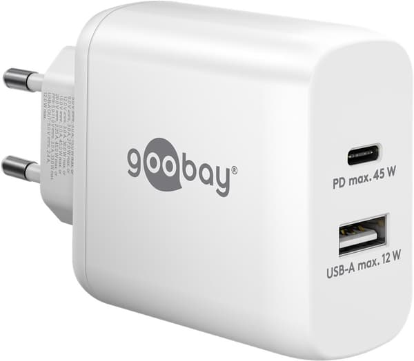 USB-C™ PD GaN dobbel hurtiglader (45W) hvit